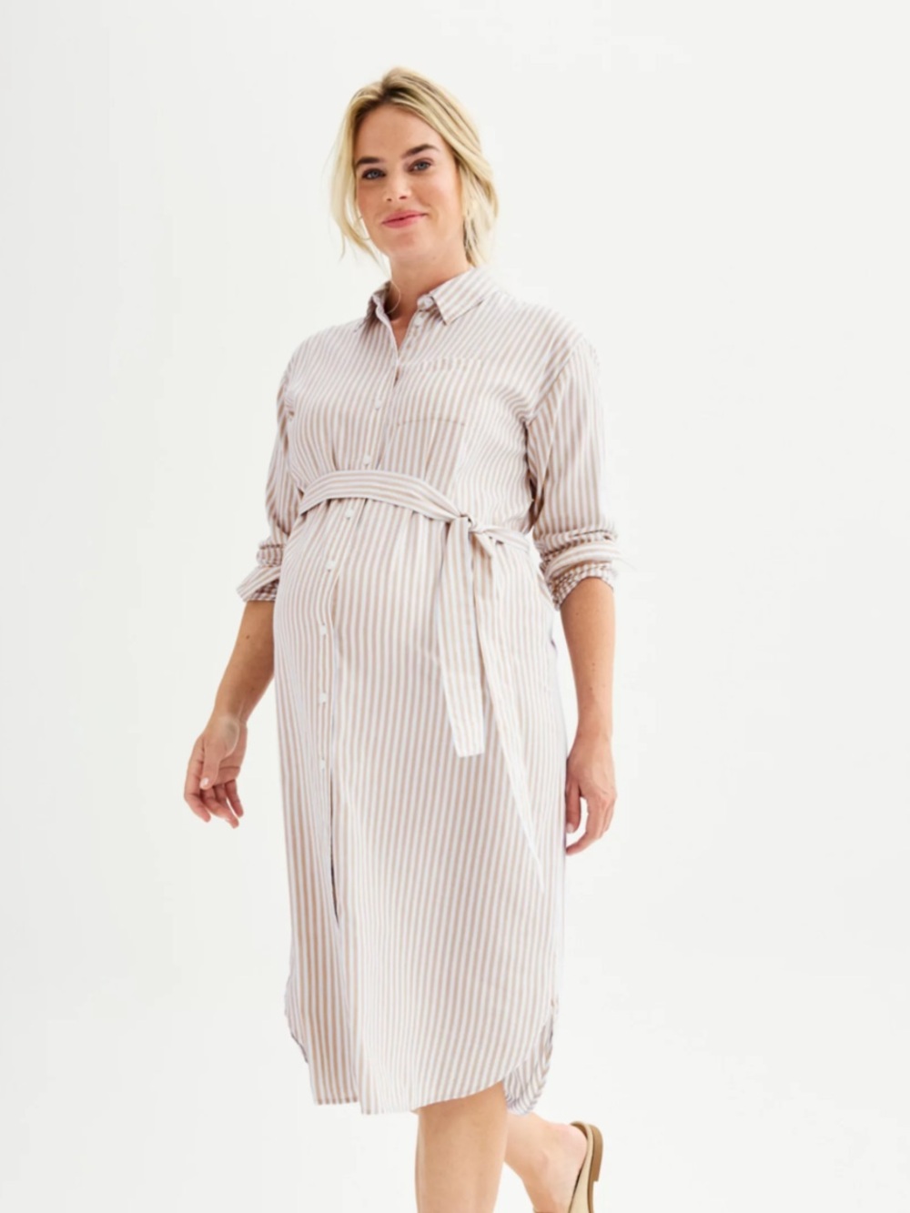 Sonoma Brown and White Striped Button-Front Shirt Dress